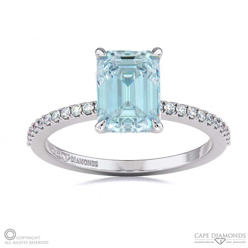 Aquamarine Hidden Halo Emerald Cut Side Stone Engagement Ring White Gold