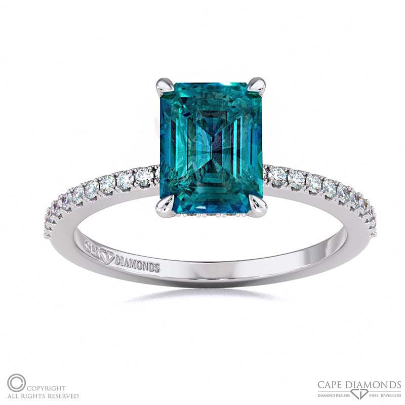 Alexandrite Hidden Halo Emerald Cut Side Stone Engagement Ring White Gold