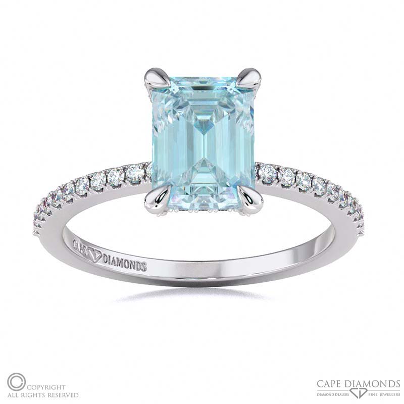 Aquamarine Hidden Halo Claw Set Emerald Cut Side Stone Engagement Ring White Gold
