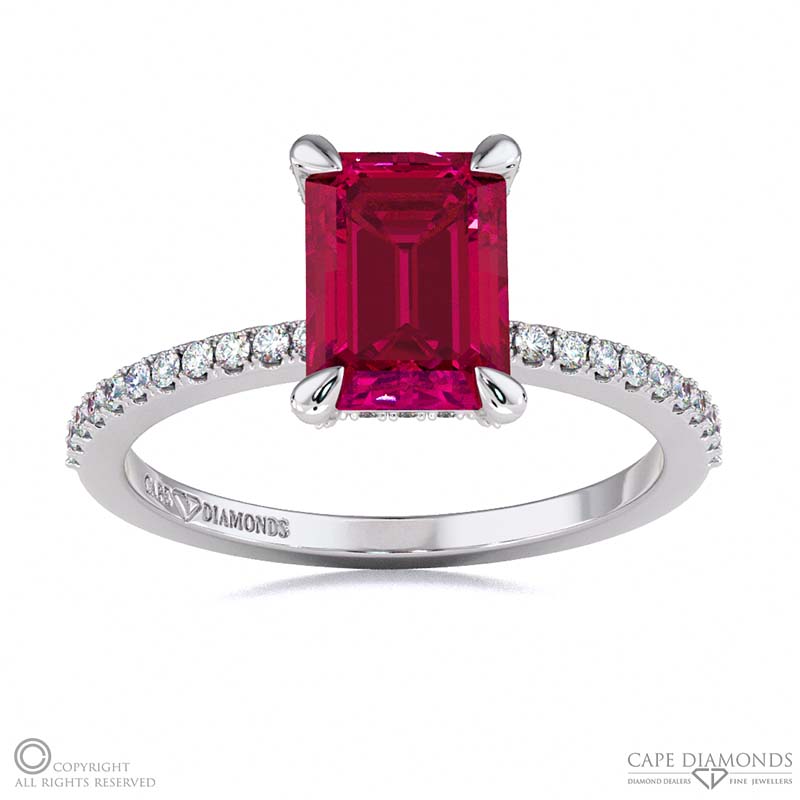 Ruby Hidden Halo Claw Set Emerald Cut Side Stone Engagement Ring White Gold