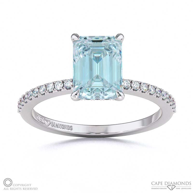 Aquamarine Emerald Double Hidden Halo Side Stone Engagement Ring White Gold