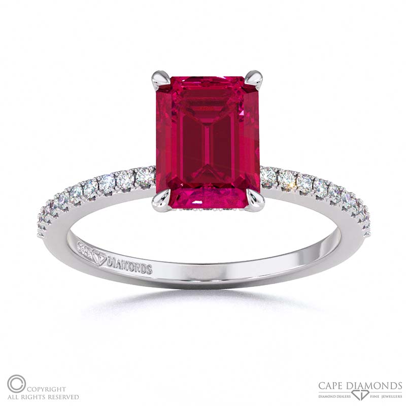 Ruby Emerald Double Hidden Halo Side Stone Engagement Ring White Gold