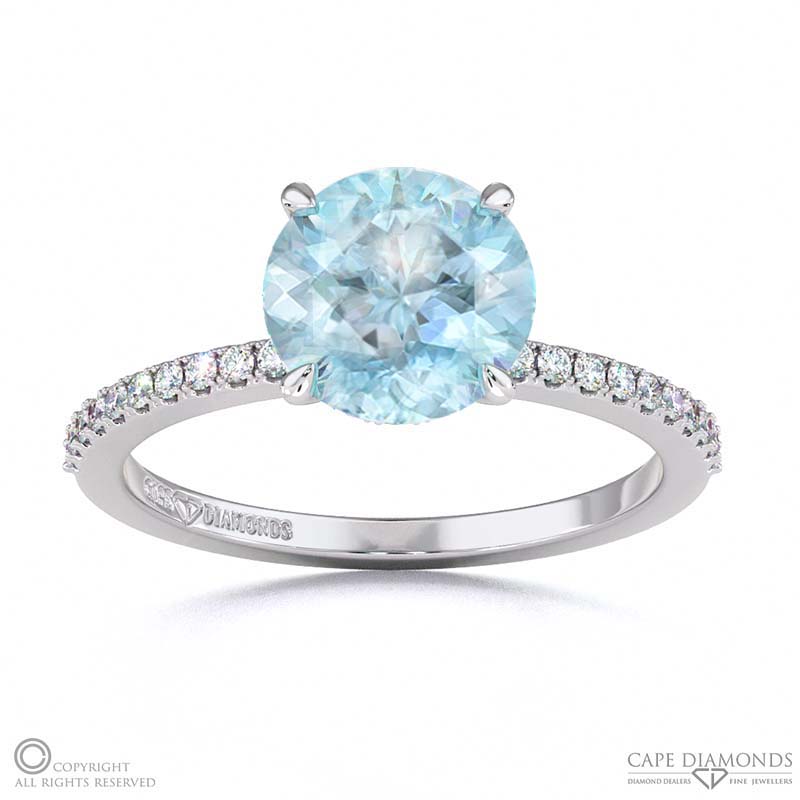 Aquamarine Double Hidden Halo Round Cut Side Stone Engagement Ring White Gold