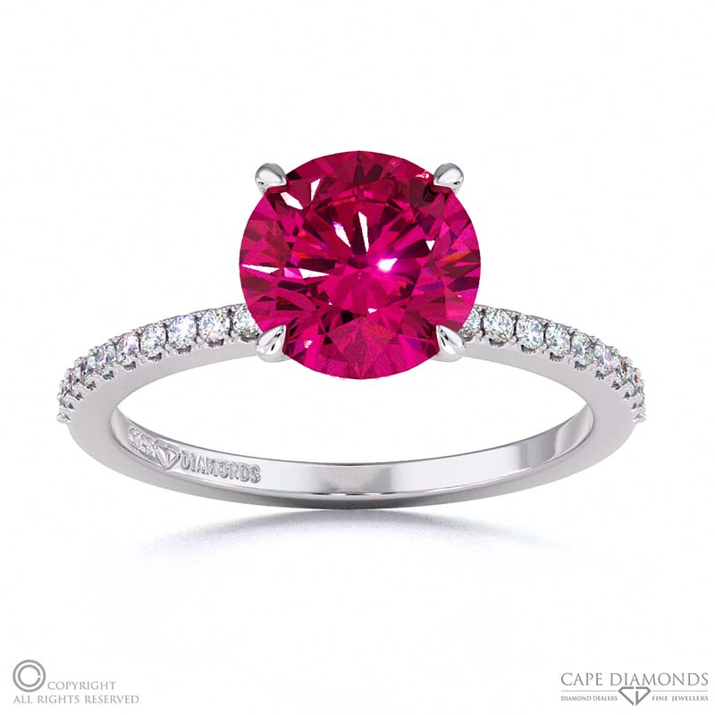 Ruby Double Hidden Halo Round Cut Side Stone Engagement Ring White Gold