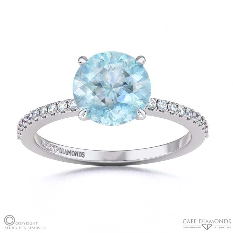 Aquamarine Hidden Halo Round Side Stone Engagement Ring White Gold
