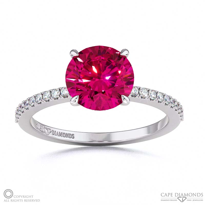 Ruby Hidden Halo Round Side Stone Engagement Ring White Gold