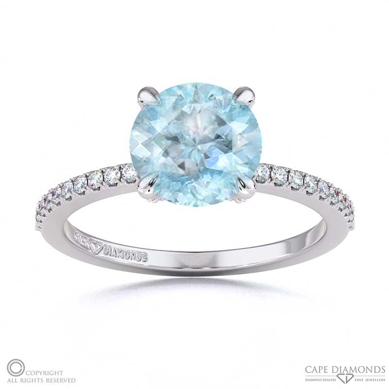 Aquamarine Hidden Halo Round Cut Claw Set Side Stone Engagement Ring White Gold