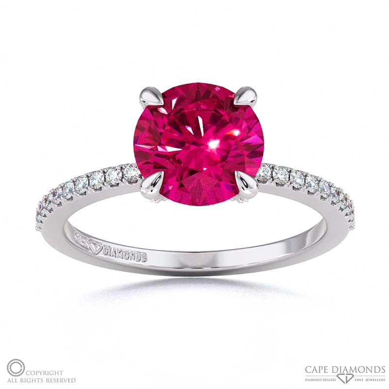 Ruby Hidden Halo Round Cut Claw Set Side Stone Engagement Ring White Gold