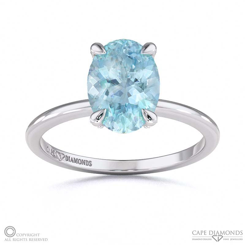 Aquamarine Hidden Halo Oval Claw Set Diamonds Solitaire White Gold