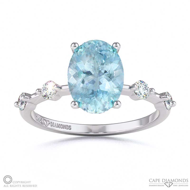 Aquamarine Bubble Drop Hidden Halo Oval Cut Engagement Ring White Gold