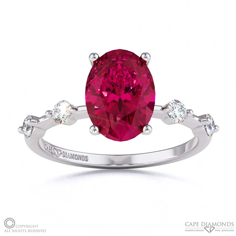 Ruby Bubble Drop Hidden Halo Oval Cut Engagement Ring White Gold