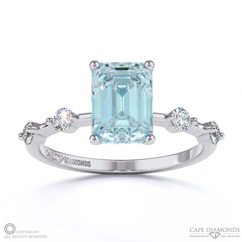 Aquamarine Bubble Drop Side Stone Hidden Halo Emerald Cut Engagement Ring White Gold