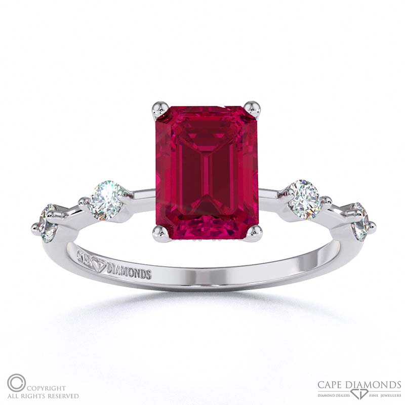 Ruby Bubble Drop Side Stone Hidden Halo Emerald Cut Engagement Ring White Gold