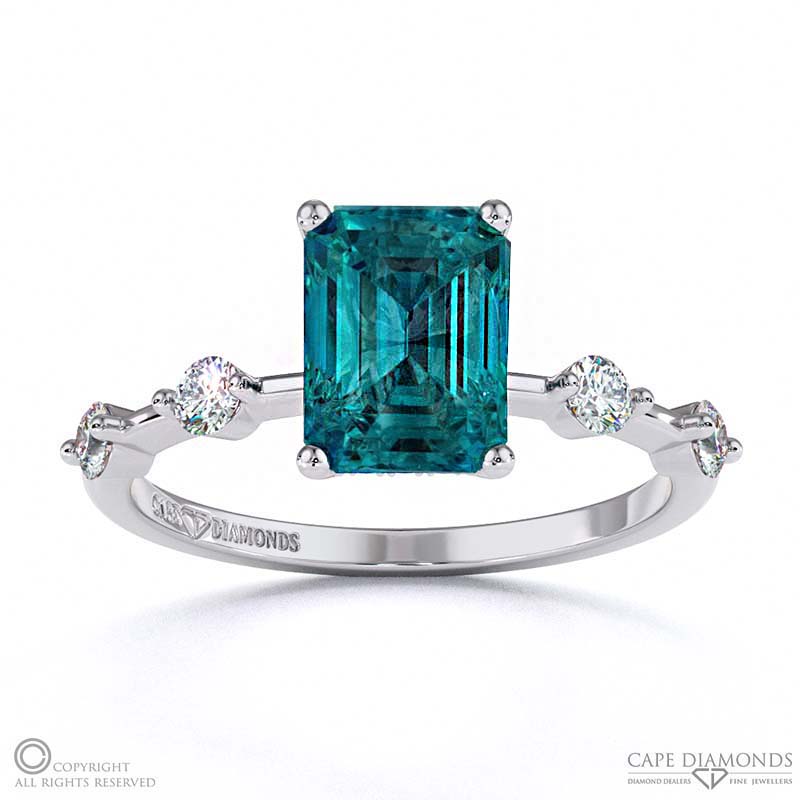 Alexandrite Bubble Drop Side Stone Hidden Halo Emerald Cut Engagement Ring White Gold