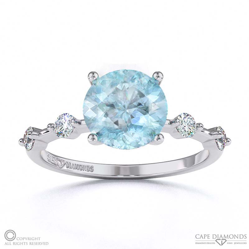 Aquamarine Bubble Drop Side Stone Hidden Halo Round Cut Engagement Ring White Gold