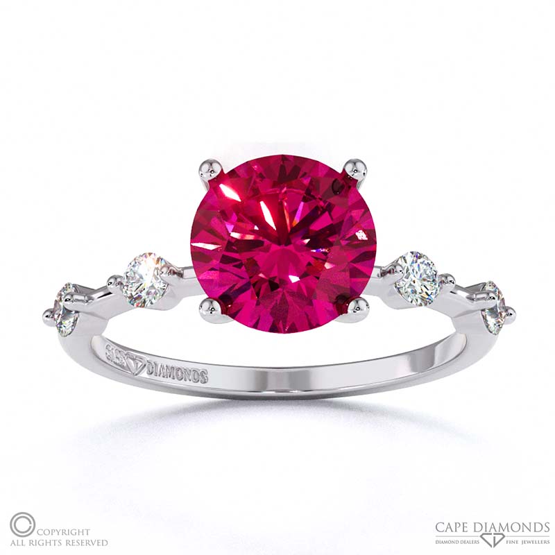 Ruby Bubble Drop Side Stone Hidden Halo Round Cut Engagement Ring White Gold