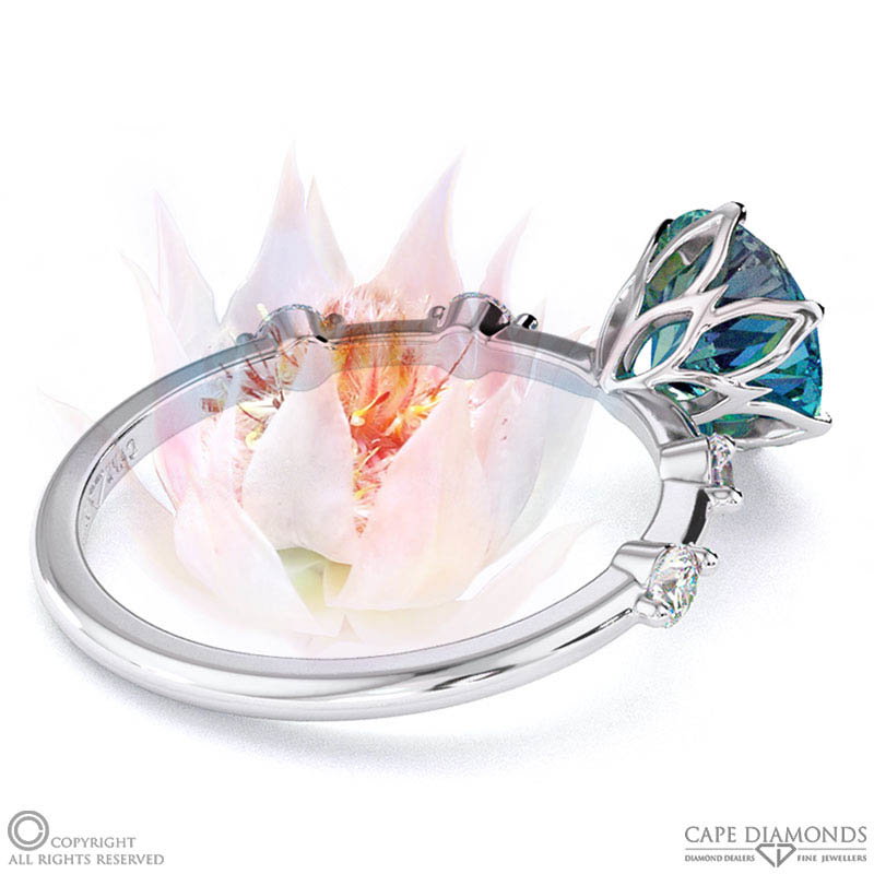 Blushing Bride Teal Sapphire Bubble Drop Side Stone Round Cut Engagement Ring White Gold