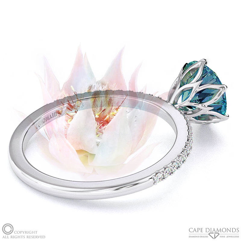 Blushing Bride Fynbos Teal Sapphire High Set Engagement Ring White Gold