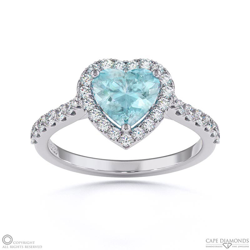 Aquamarine Halo Heart Shaped Side Stone Engaement Ring White Gold
