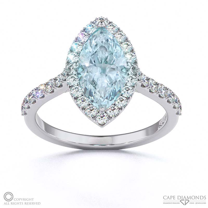 Aquamarine Halo Marquise Shaped Side Stone Engaement Ring White Gold