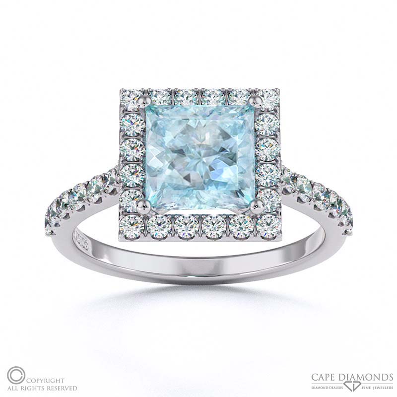 Aquamarine Halo Princess Shaped Side Stone Engaement Ring White Gold