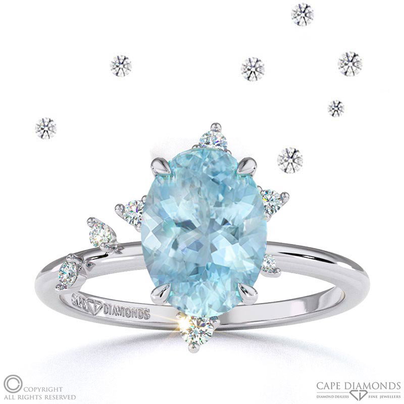 Southern Cross Star Aquamarine Celestial Oval Engagement Ring White Gold