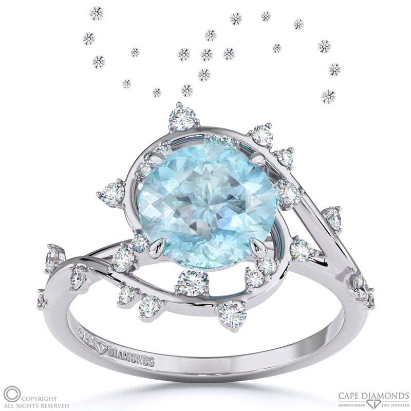 Milky Way Star Aquamarine Round Engagement Ring White Gold