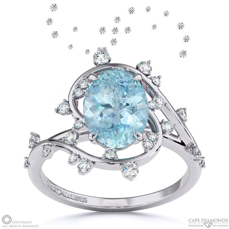 Milky Way Star Aquamarine Oval Engagement Ring White Gold