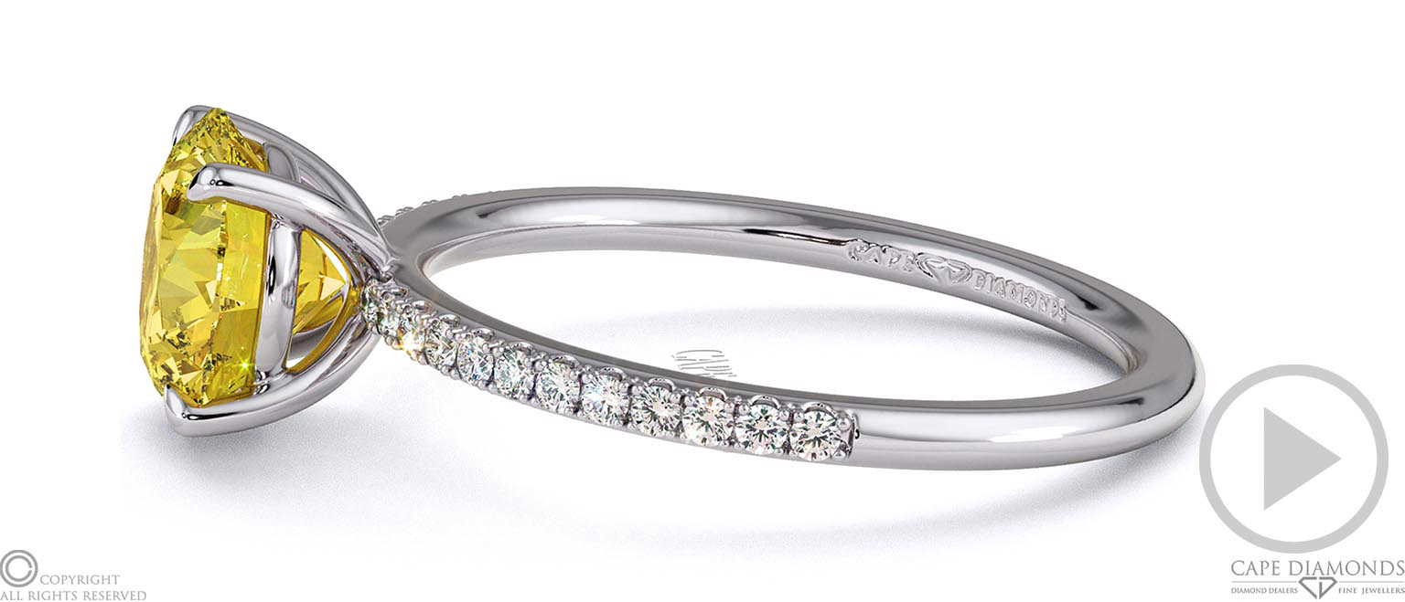 Yellow Natural Diamond Round Side Stone Claw Engagement Ring White Gold top video