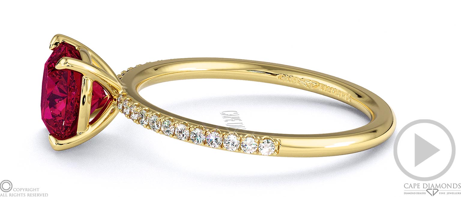 Ruby Cushion Side Stone Claw Engagement Ring Yellow Gold top video