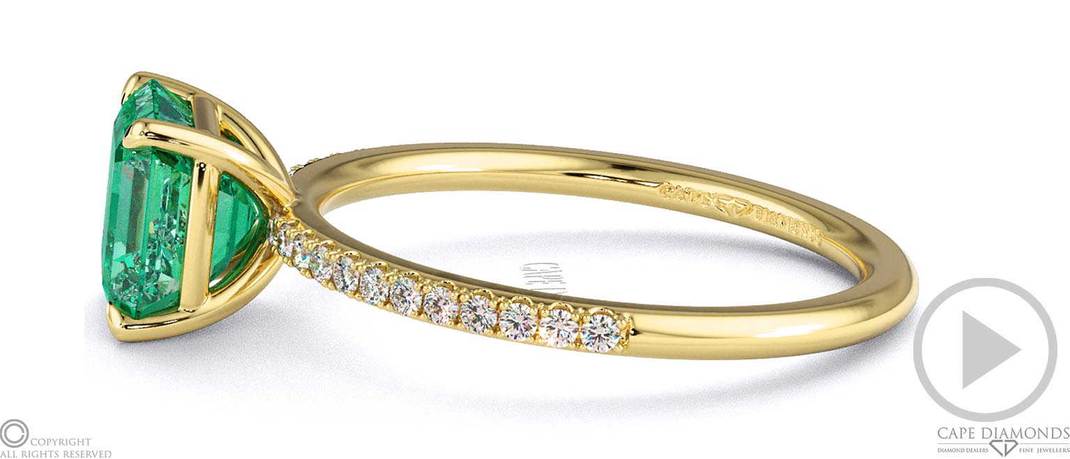 Green Lab Grown Diamond Asscher Side Stone Claw Engagement Ring Yellow Gold top video