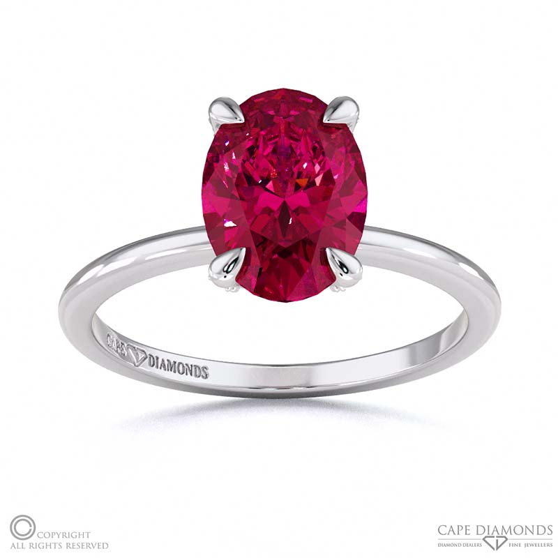 Ruby Hidden Halo Oval Claw Set Diamonds Solitaire Engagement Ring White Gold