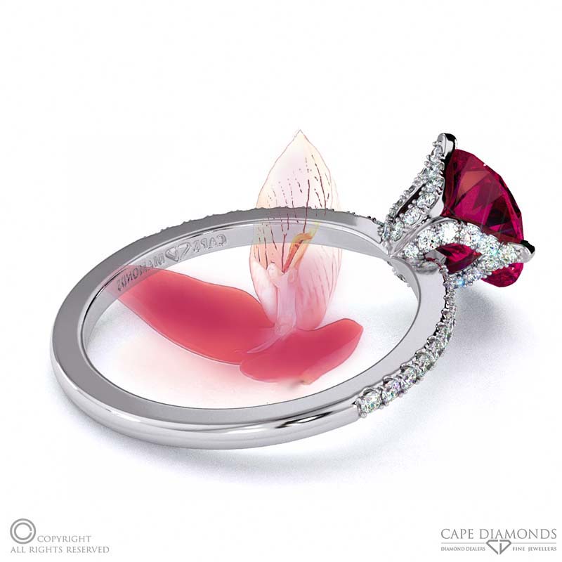 Disa Orchid Ruby Low-Set Pavé Side Diamonds Engagement Ring White Gold