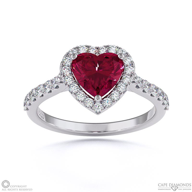 Ruby Halo Heart Shaped Side Stone Engaement Ring White Gold