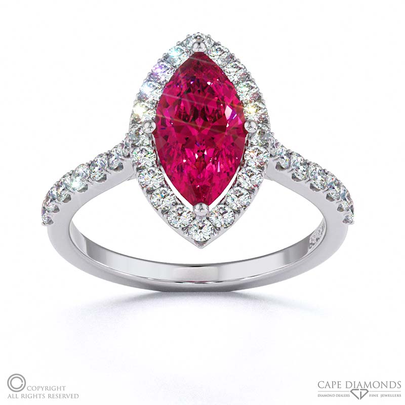 Ruby Halo Marquise Shaped Side Stone Engaement Ring White Gold