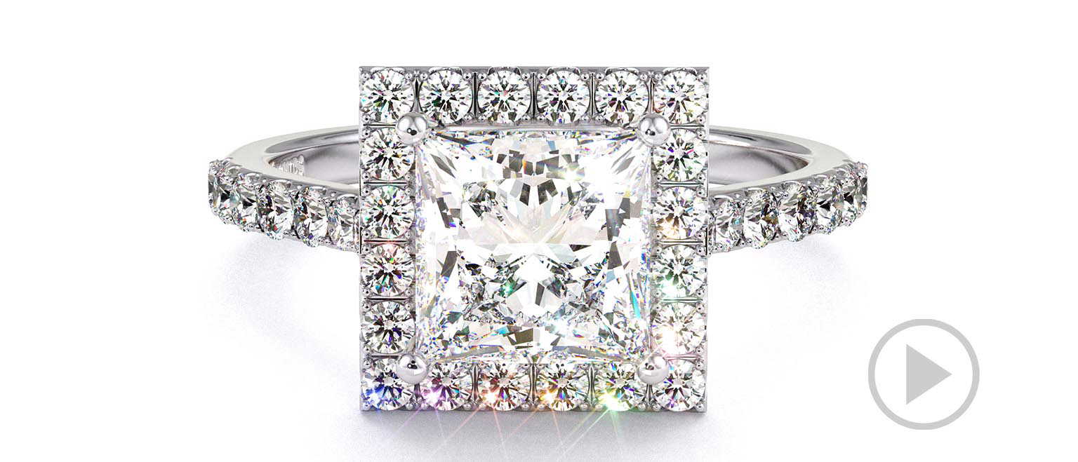 Princess Cut Natural Diamond Halo With Side Stones Engagement Ring White Gold top video