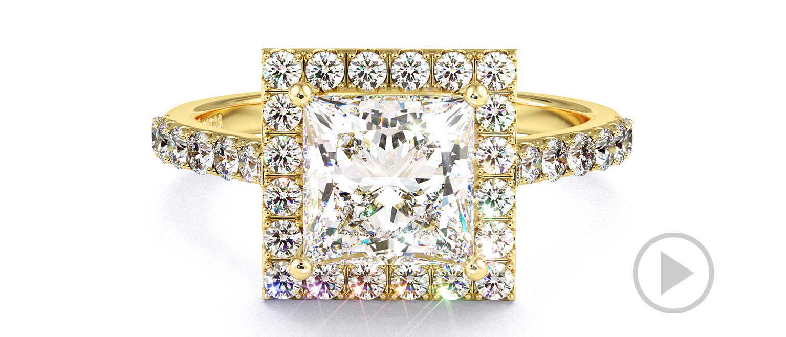 Lab Grown Diamond Princess Halo Side Stones Engagement Ring Yellow Gold top video