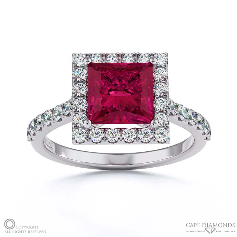 Ruby Halo Princess Shaped Side Stone Engaement Ring White Gold