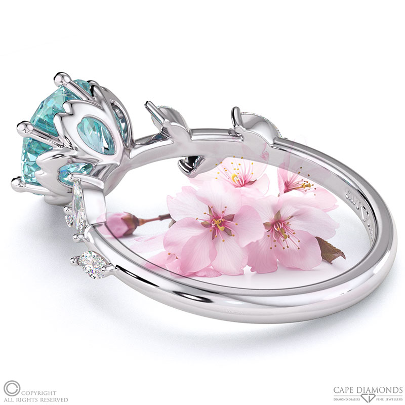 Cherry Blossom Aquamarine Side Stone Engagement Ring White Gold