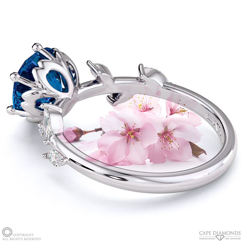 Cherry Blossom Sapphire Side Stone Engagement Ring White Gold
