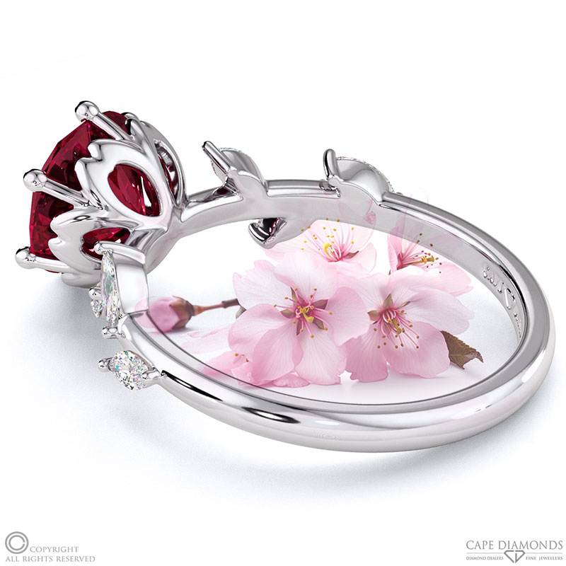 Cherry Blossom Ruby Side Stone Engagement Ring White Gold