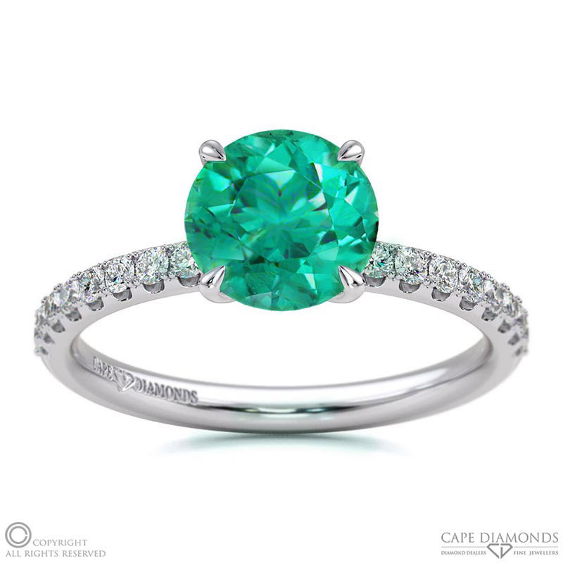 Emerald Cat Claw Round Side Stone Engagement Ring White Gold