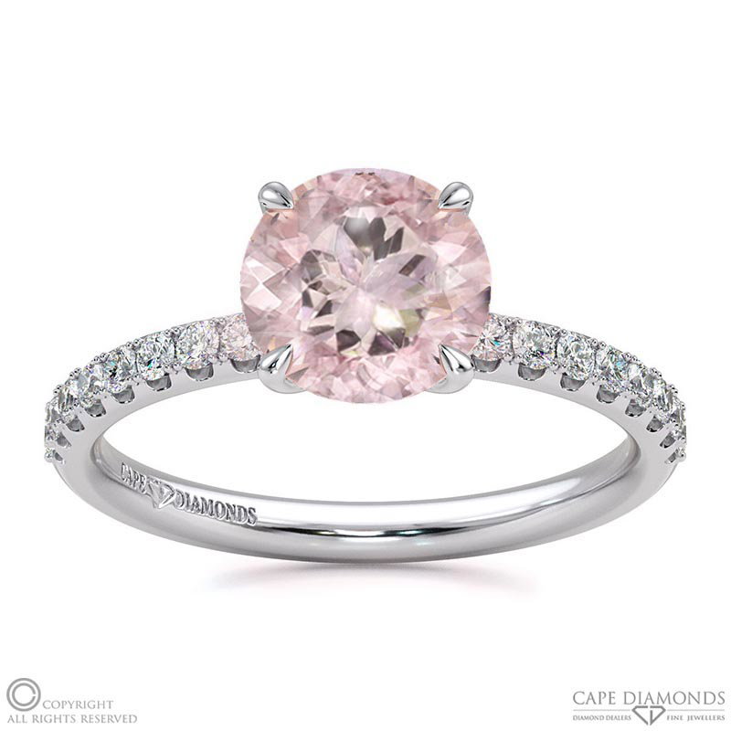 Morganite Cat Claw Round Side Stone Engagement Ring White Gold
