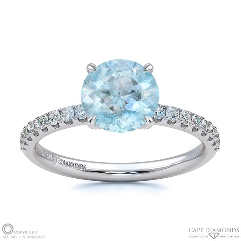 Aquamarine Cat Claw Round Side Stone Engagement Ring White Gold
