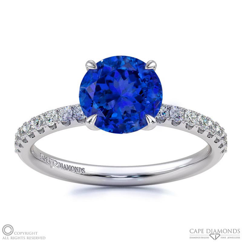 Tanzanite Cat Claw Round Side Stone Engagement Ring White Gold