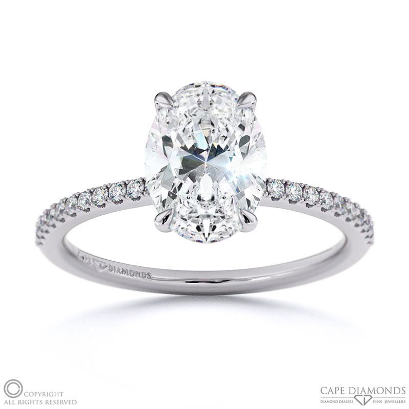 Oval Lab Grown Diamond Four Cat Claws Side Stones White Gold