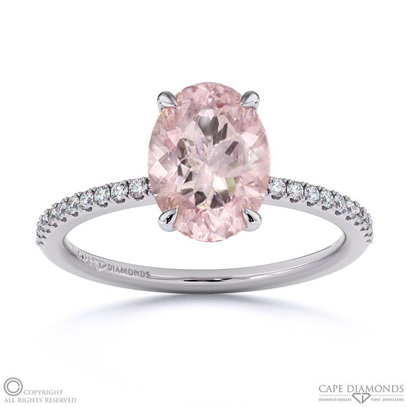 Morganite Oval Side Stone Claw Engagement Ring White Gold