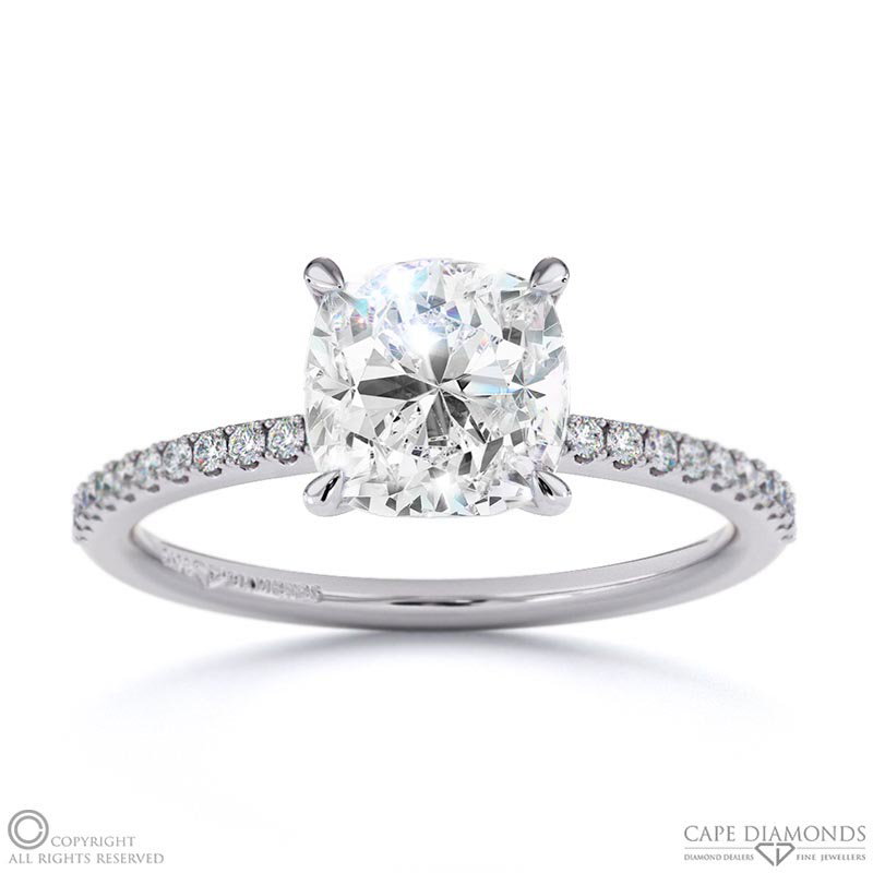 Cushion Cut Natural Diamond Four Claw Side Stones White Gold