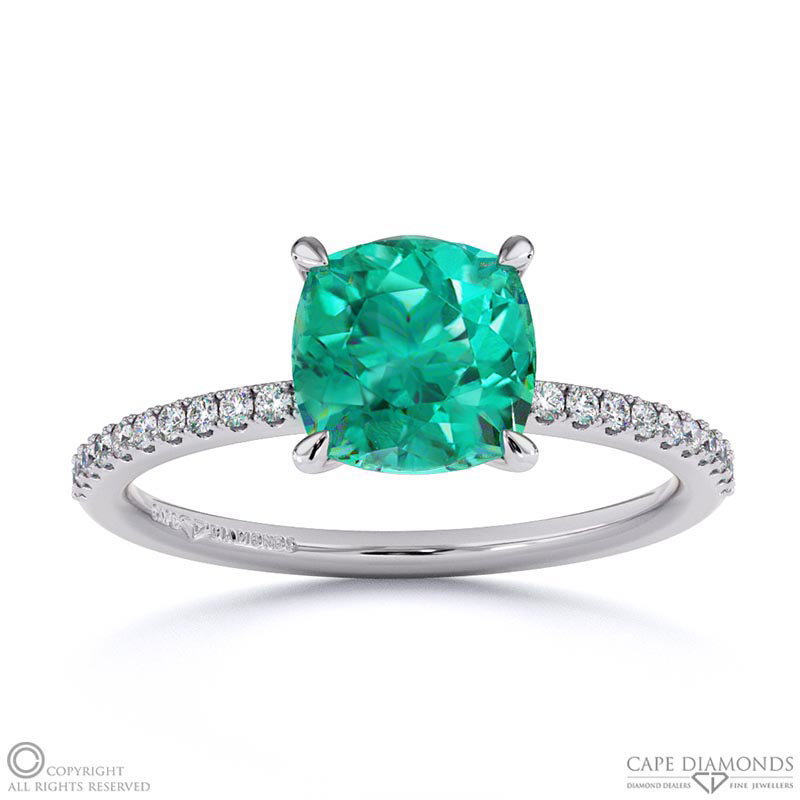 Emerald Cushion Side Stone Claw Engagement Ring White Gold