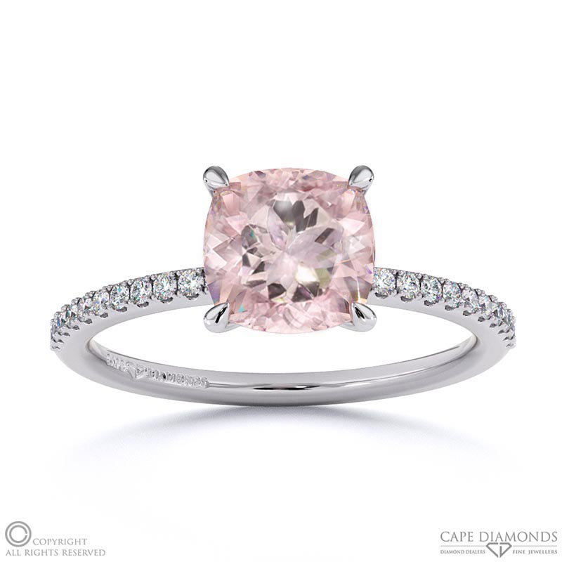 Morganite Cushion Side Stone Claw Engagement Ring White Gold